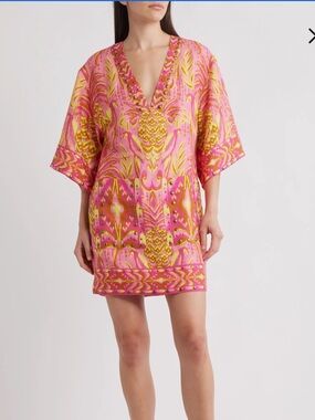 FARM Rio Pineapple Tapestry Studded Linen Shift Dress size M